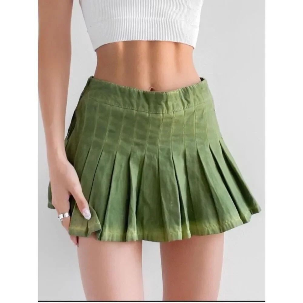 BDG Skort Micro Mini Pleated Skirt Acid Washed Denim Cotton Green Size S